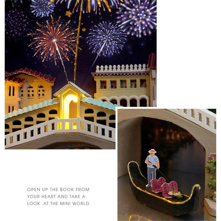 Venice Bridge Book Nook Book Scenery - DIY Doll House Book Shelf Insert - Bookcase with Light Miniature Building Kit