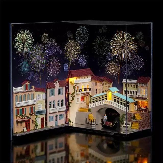Venice Bridge Book Nook Book Scenery - DIY Doll House Book Shelf Insert - Bookcase with Light Miniature Building Kit - Rajbharti Crafts