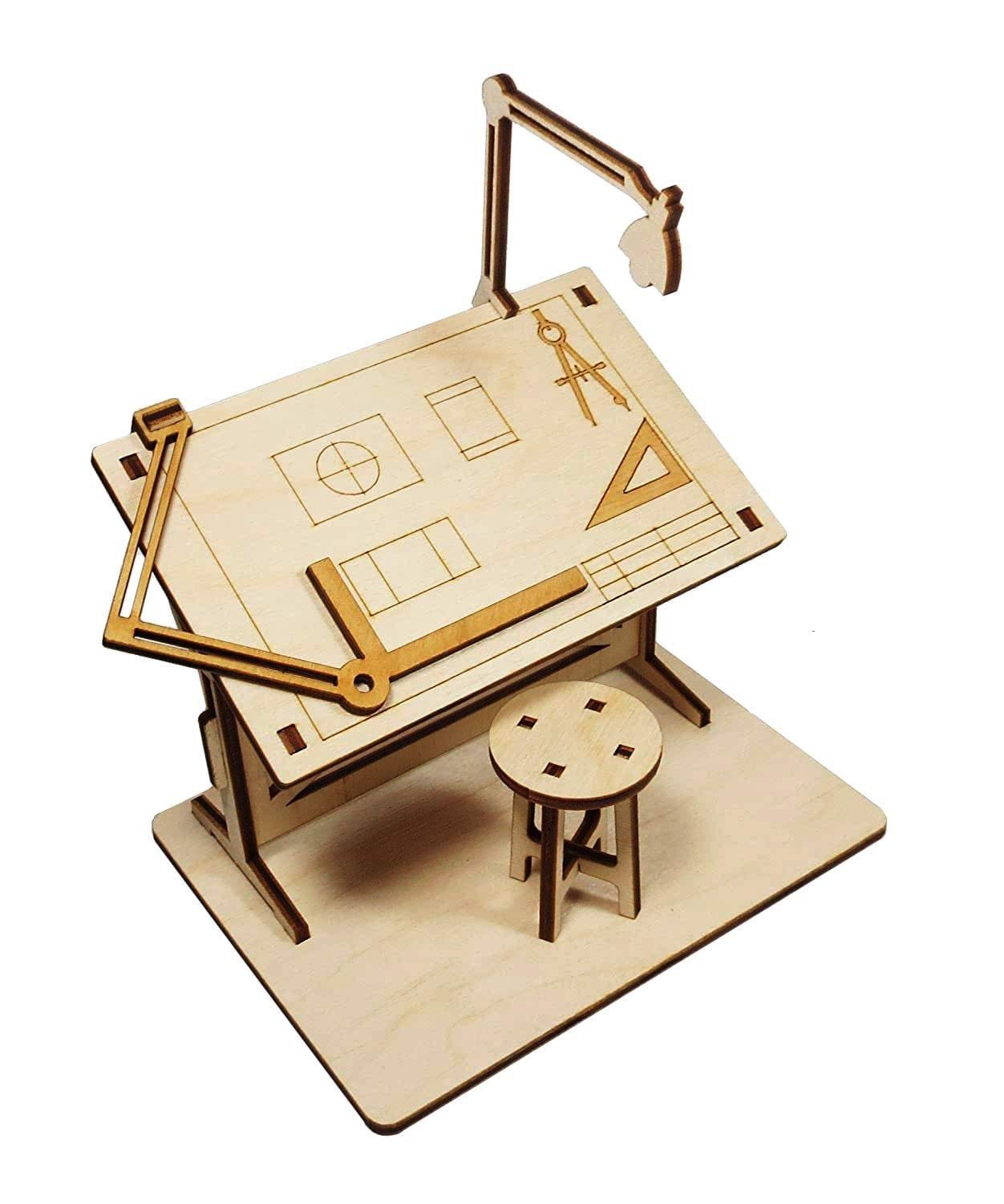 DIY Gifts For Architects & Designers - Drafting Table Kit - DIY Wooden Desk Miniature Furniture With Chair - 3D Wooden Puzzle - Best Gifts - Rajbharti Crafts