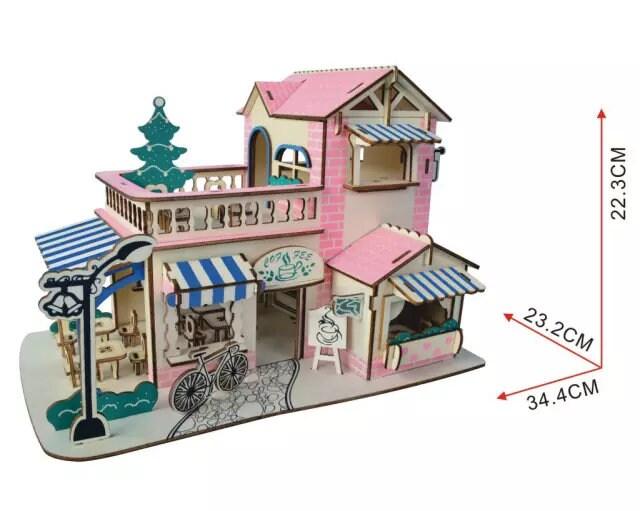 DIY Wooden Doll House Kit - Beautiful Villa With Terrace Cafe - 3D Wooden Puzzle Mechanical Model Building Kit - Wooden Puzzle Dollhouse