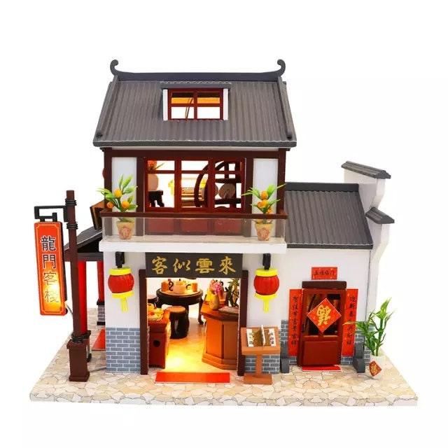 DIY Dollhouse Kit Dragon Gate Inn Ancient Chinese Style Doll House Miniature Capital City Doll House Adult Craft Birthday Gift Miniature