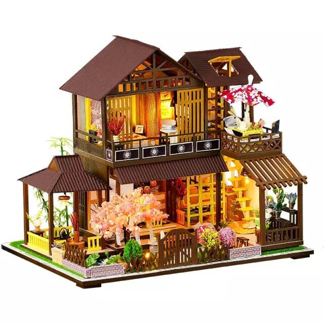 DIY Dollhouse Kit Forest Pavilion Miniature House with Furniture Japanese Villa Style Miniature Dollhouse Kit Adult Craft DIY Kits