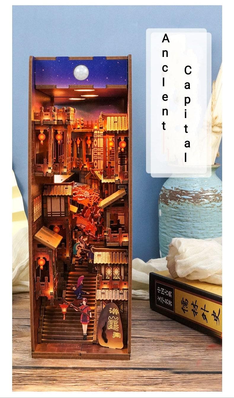 Chinese Alley Book Nook - Chongqing Town Book Nook - Ancient Capital Book Shelf Insert - Book Scenery - Bookcase with LED Model Building Kit
