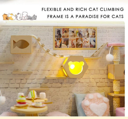 DIY Dollhouse Kit - Cat Garden Cafe Miniature with Cat Climbing Frame Perfect Kitten Dollhouse - Cat Dollhouse Miniature - Cafe Dollhouse - Rajbharti Crafts