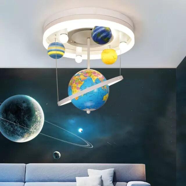 Kids Room Decor - Chandelier Pendant Ceiling Lights - Solar System Chandelier Lamp With Earth Globe - Kids Room Space Theme Decor Ceiling