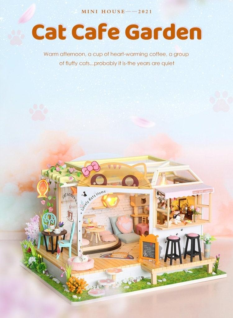 DIY Dollhouse Kit - Cat Garden Cafe Miniature with Cat Climbing Frame Perfect Kitten Dollhouse - Cat Dollhouse Miniature - Cafe Dollhouse - Rajbharti Crafts