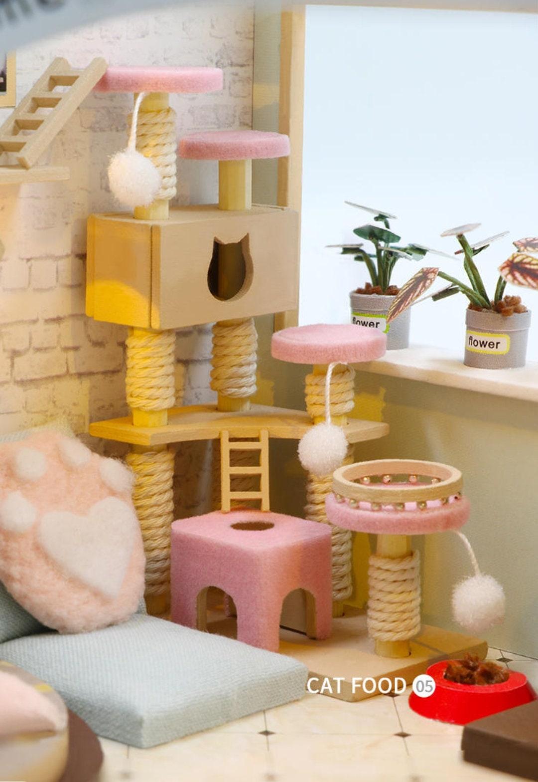 DIY Dollhouse Kit - Cat Garden Cafe Miniature with Cat Climbing Frame Perfect Kitten Dollhouse - Cat Dollhouse Miniature - Cafe Dollhouse