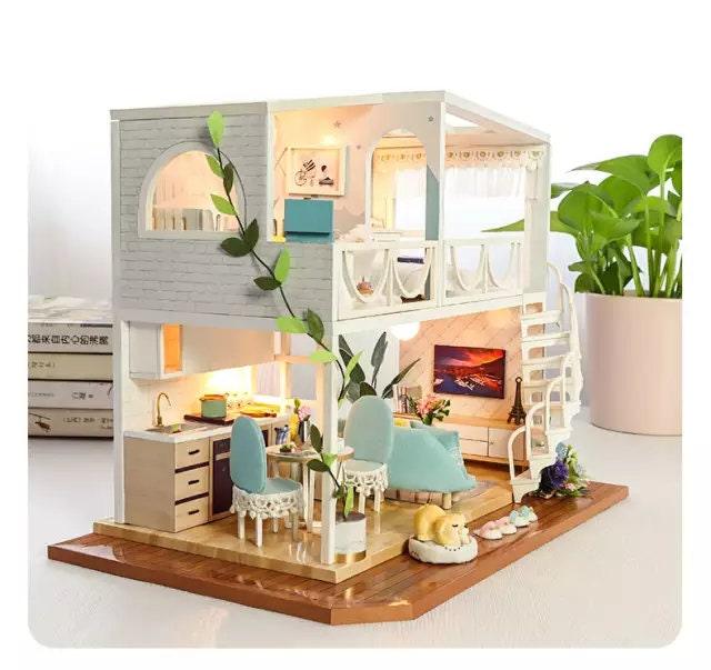 DIY Dollhouse Kit - Two Story Apartment Miniature With Furniture And Accessories Dollhouse Miniature - Wooden  Dollhouse - Surprise Gifts