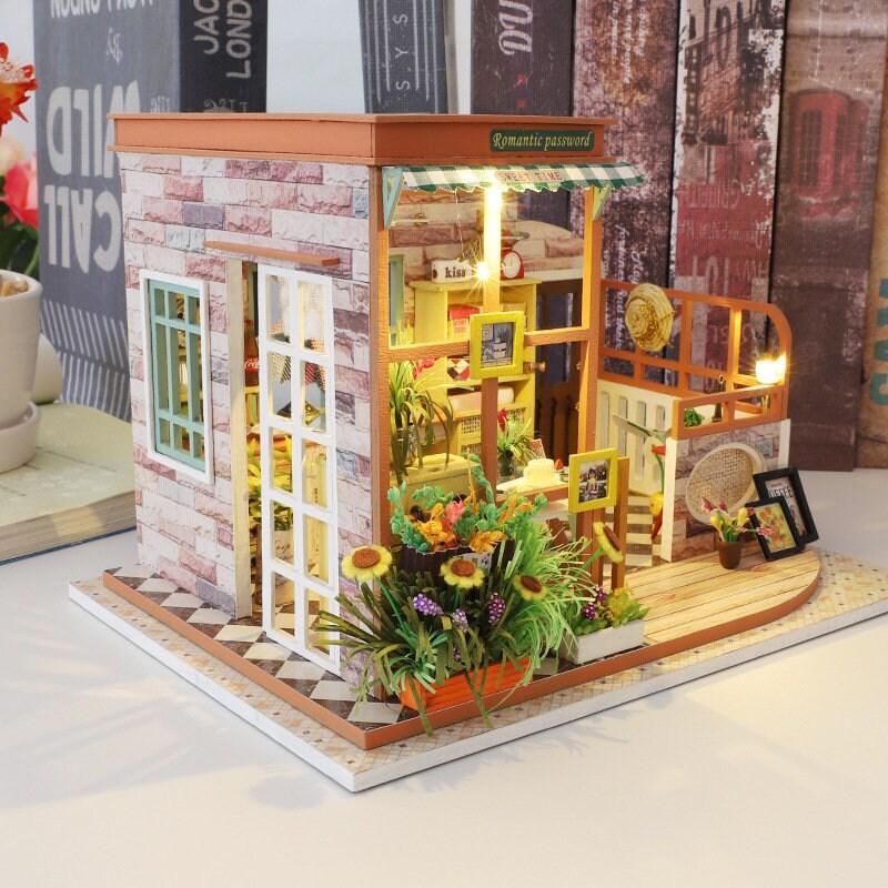 Romantic Password DIY Dollhouse Kit Miniature Cafe With Furniture European Miniature Dollhouse Kit With Dust Cover Bakery Shop Dollhouse