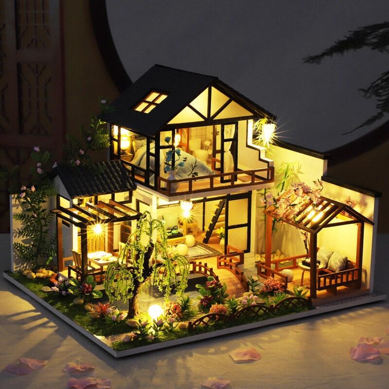 Japanese Style DIY Dollhouse Kit Miniature House With Water Garden Japanese Villa Style Miniature Dollhouse Kit - Rajbharti Crafts
