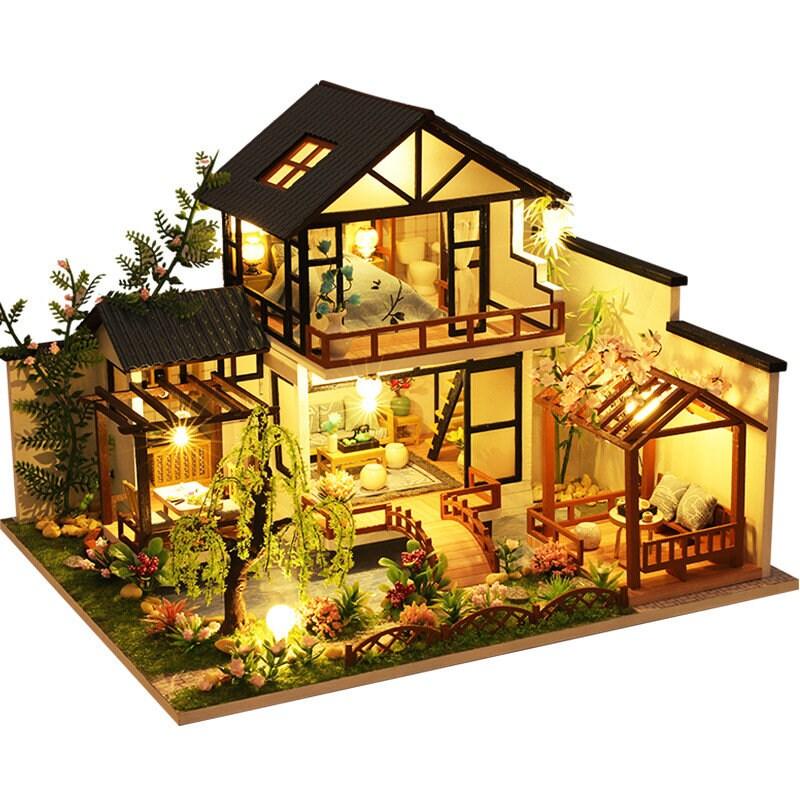 Japanese Style DIY Dollhouse Kit Miniature House With Water Garden Japanese Villa Style Miniature Dollhouse Kit - Rajbharti Crafts