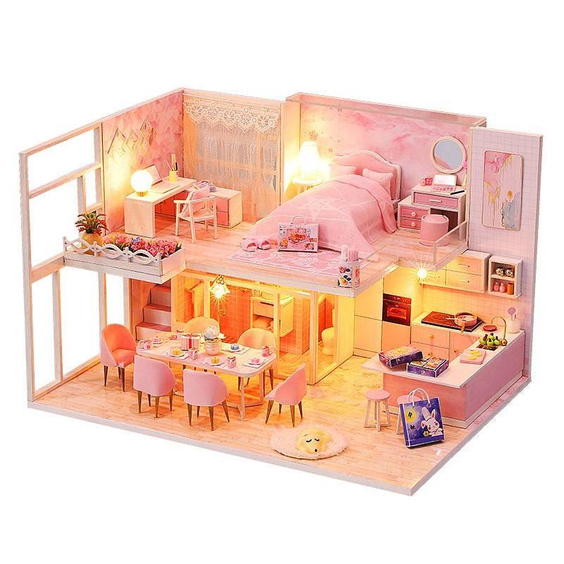 DIY Dollhouse Kit - Modern Living Pink Girl Bedroom Miniature Dollhouse Kit - Apartment Two Story Dollhouse - Duplex Dollhouse Miniature Kit - Rajbharti Crafts
