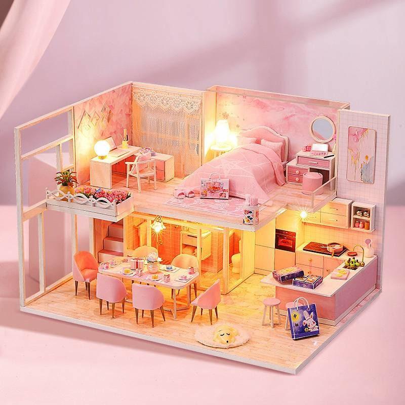 DIY Dollhouse Kit - Modern Living Pink Girl Bedroom Miniature Dollhouse Kit - Apartment Two Story Dollhouse - Duplex Dollhouse Miniature Kit - Rajbharti Crafts