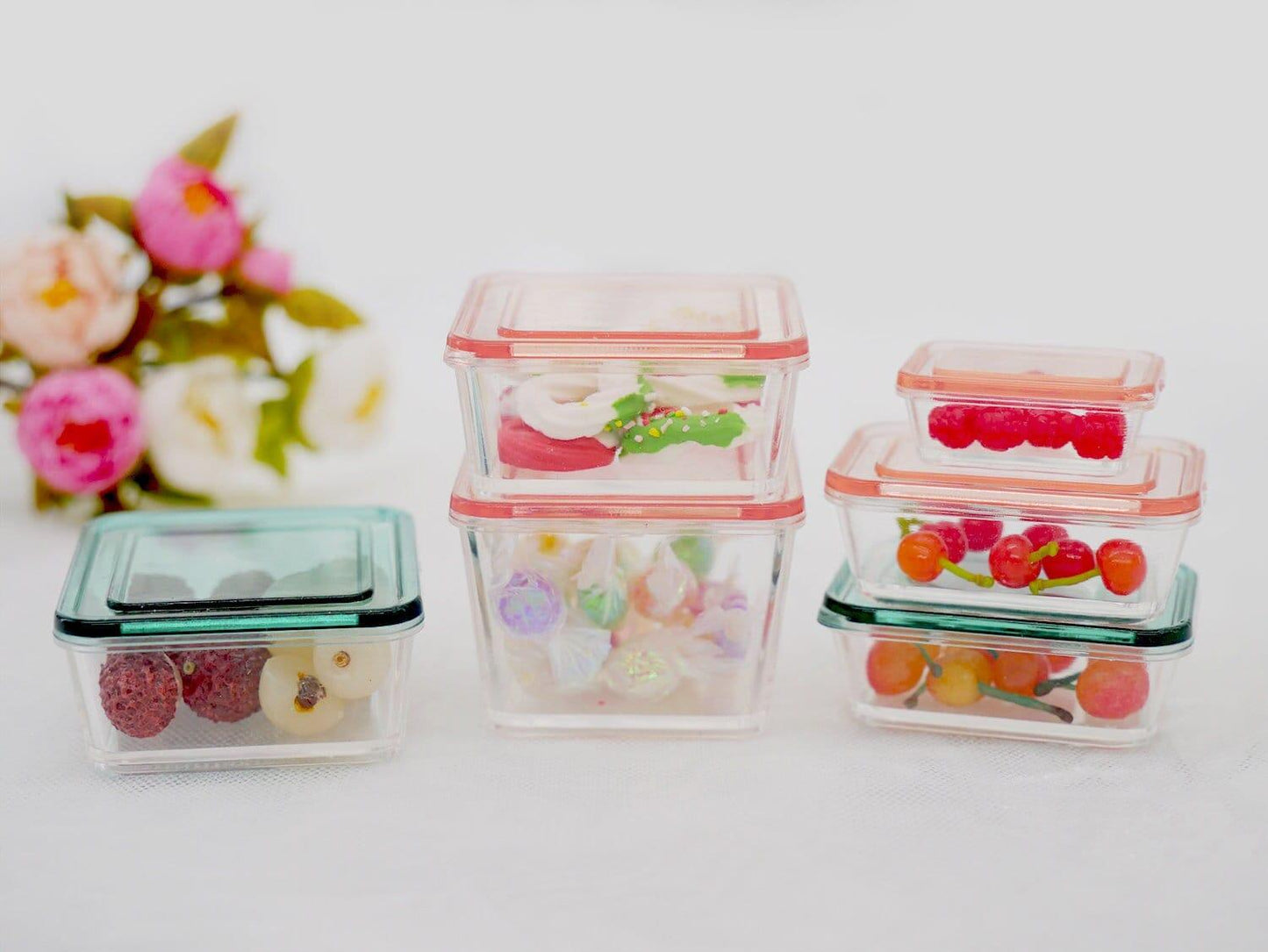 Miniature Fruits Storage Containers - Set of 9 Containers - Fresh Keeping Box - Mini Storage Box With Lid - Dollhouse Miniature Accessories