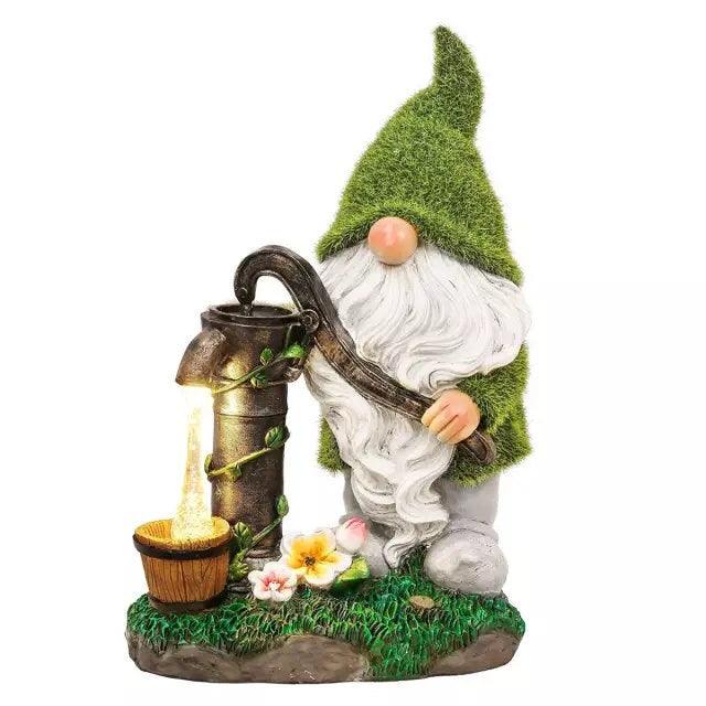 Garden Gnome Statue - Garden Dwarfs Statue Resin Gnome Figurine Outdoor Gnome With Water Pumping Solar Lights for Outdoor Home Yard Decor