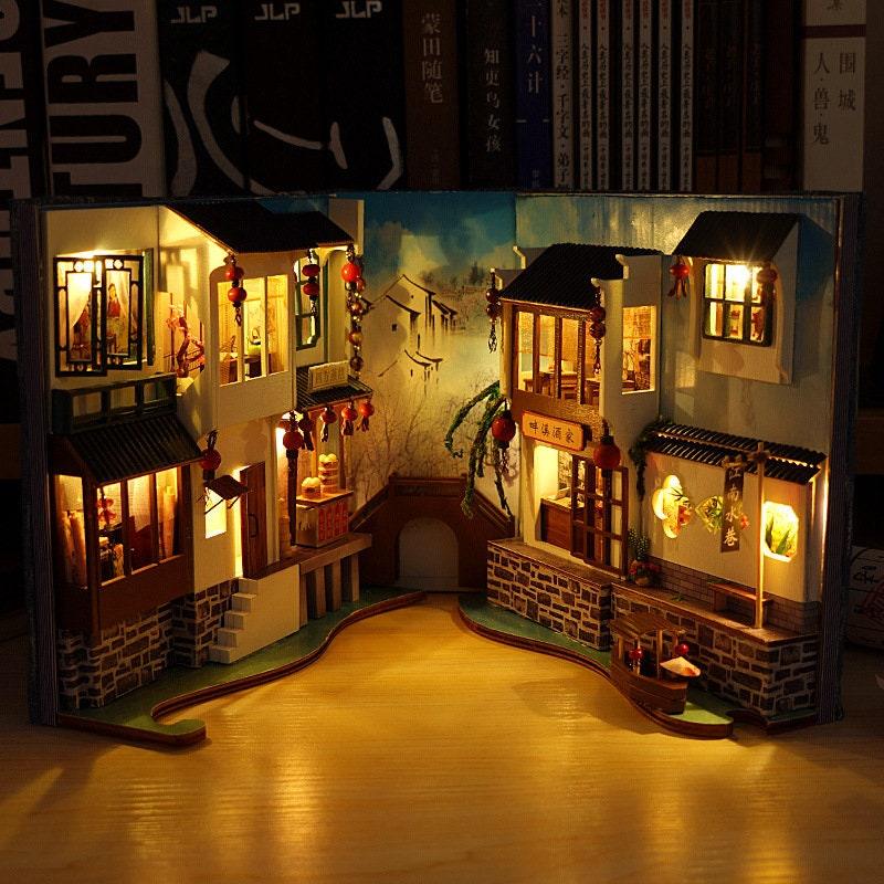 Jiangsu Watertown Book Nook - DIY Book Nook - Chinese Alley Book Scenery - Book Shelf Insert - Bookcase with Light Miniature Building Kit