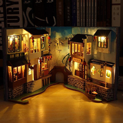 Jiangsu Watertown Book Nook - DIY Book Nook - Chinese Alley Book Scenery - Book Shelf Insert - Bookcase with Light Miniature Building Kit