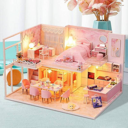 DIY Dollhouse Kit - Modern Living Pink Girl Bedroom Miniature Dollhouse Kit - Apartment Two Story Dollhouse - Duplex Dollhouse Miniature Kit