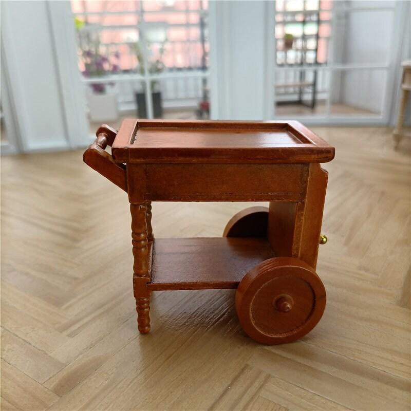 1:12 Scale - Dollhouse Miniature Dinning Cart - Wooden Retro Food Serving Cart - Miniature Dinning Car - Miniature Tea Serving Cart