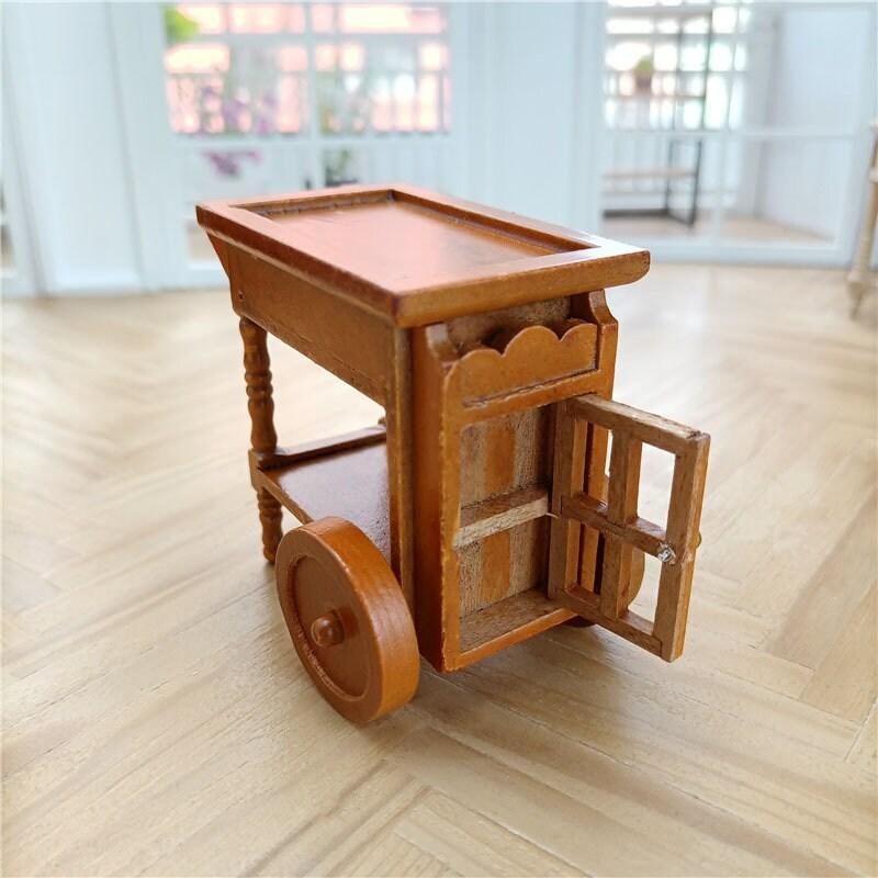 1:12 Scale - Dollhouse Miniature Dinning Cart - Wooden Retro Food Serving Cart - Miniature Dinning Car - Miniature Tea Serving Cart