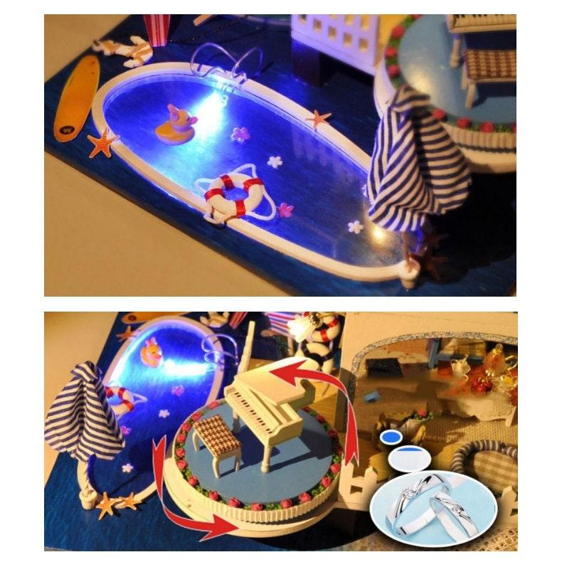 DIY Doll House Kit - Dollhouse Miniatures - Swimming Pool Dollhouse Miniature - Miniature Swimming Pool - Holiday House With Mini Piano - Rajbharti Crafts
