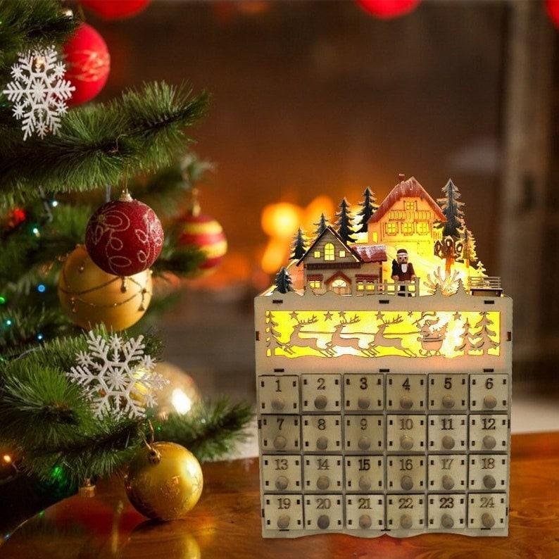 Christmas Countdown Calendar - Christmas Wooden Advent Calendar - 24 Drawers Christmas Calendar With LED Ornaments - DIY Christmas Crafts