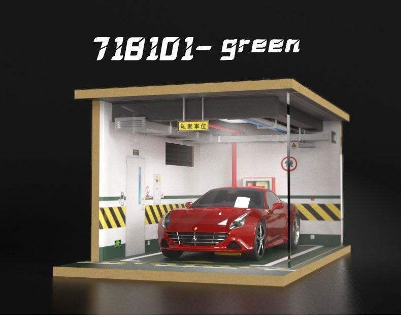 Toy Car Storage - Die Cast Car Garage Diorama - Wooden Car Parking Lot - DIY 1:18 Model Car Parking Space Toy Storage car Showroom With LED