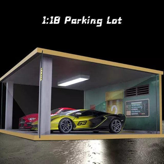 Toy Car Storage - Die Cast Car Garage Diorama - Wooden Two Car Parking Lot - DIY 1:18 Model Car Parking Space - Two Car Showroom With LED