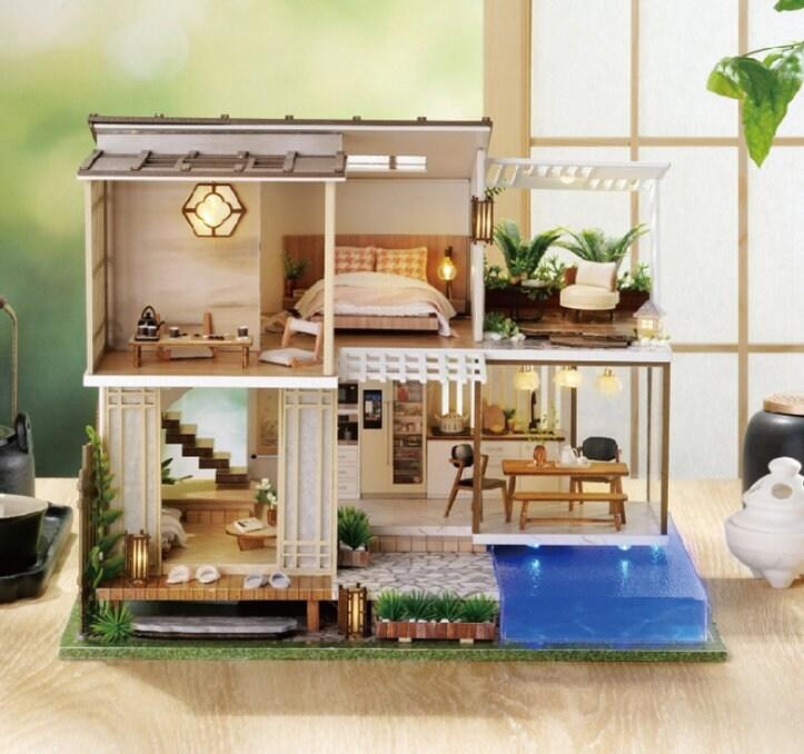 Japanese Style DIY Dollhouse Kit Miniature With Swimming Pool Duplex House Two Story Dollhouse Japanese Villa Style Miniature Dollhouse Kit