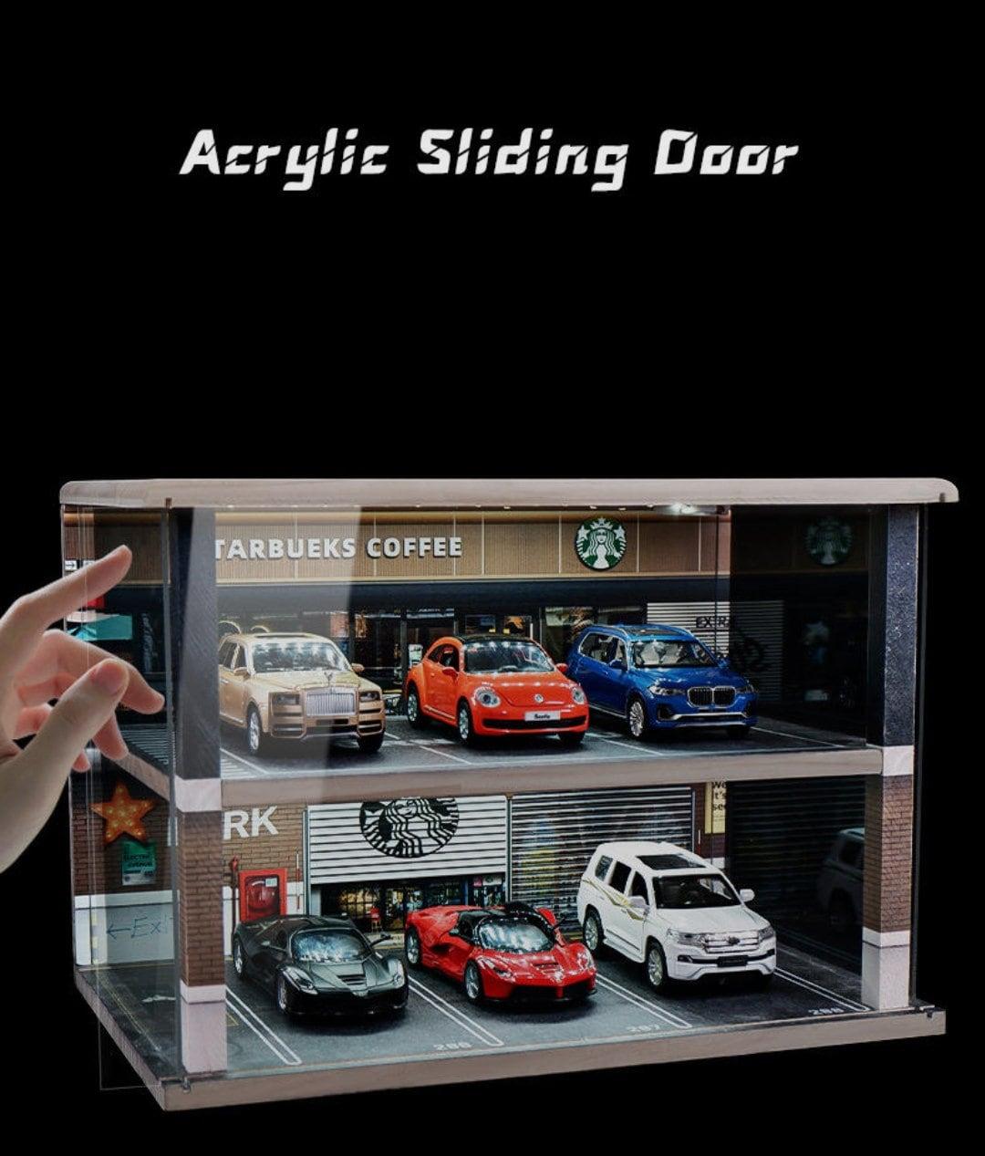 Toy Car Storage - Die Cast Two Story Car Garage Diorama - Double Deck Car Parking Lot DIY 1:24 Model Car Parking Space Car Showroom With LED