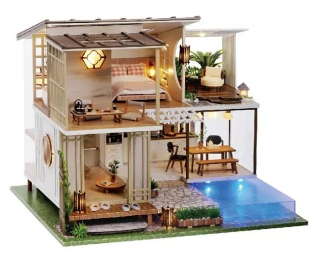 Japanese Style DIY Dollhouse Kit Miniature With Swimming Pool Duplex House Two Story Dollhouse Japanese Villa Style Miniature Dollhouse Kit - Rajbharti Crafts