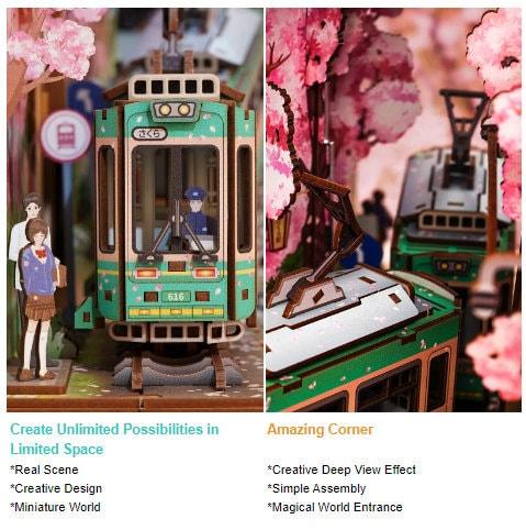 Sakura Train Book Nook - DIY Book Nook Kits Book Doll House Book Shelf Insert Book Scenery Bookends Bookcase with Light Model Building Kit - Rajbharti Crafts