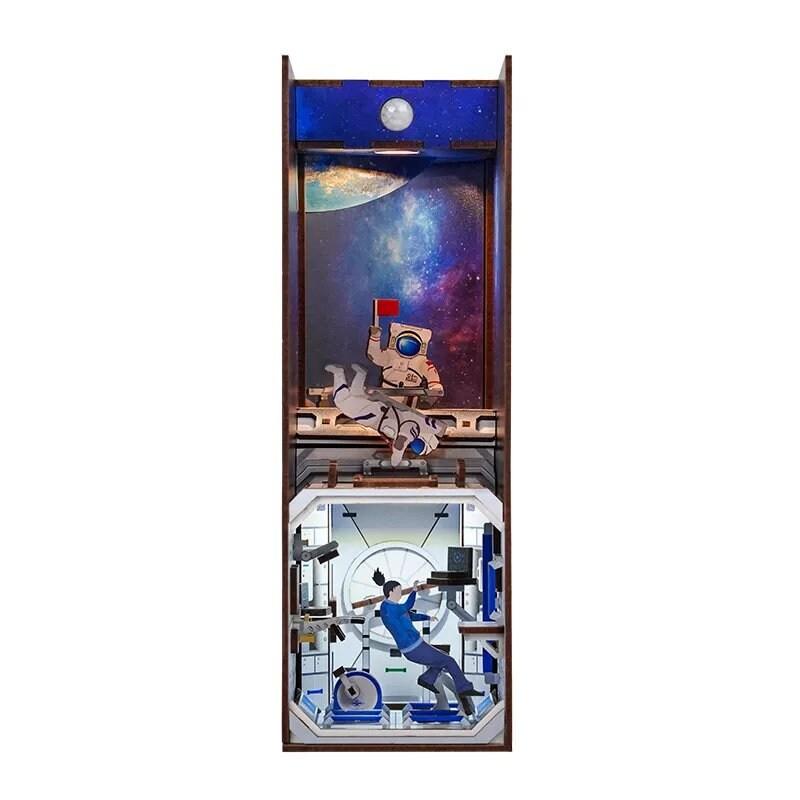 Space Station Book Nook - DIY Book Nook Kits Book Doll House Book Shelf Insert Book Scenery Bookends Bookcase with Light Model Building Kit