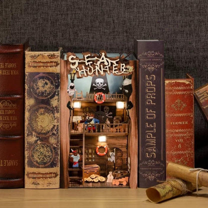 Sea Hunters Book Nook - DIY Book Nook Kits Sea Pirates Book Shelf Insert Book Scenery Bookends Bookcase with Light Model Building Kit