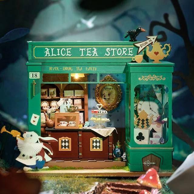 DIY Doll House Kit - Alice Tea Store Dollhouse Miniature - Cafe Dollhouse - Tea Shop Miniature - Dollhouse Furniture with Accessories