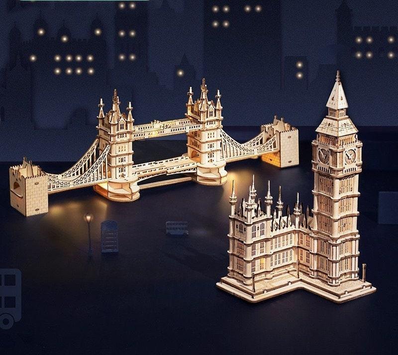 DIY 3D Wooden Puzzle - Big Ben London - Tower Bridge London Miniature Wooden Puzzles - London Bridge & Tower With LED - Wooden Building Kit - Rajbharti Crafts