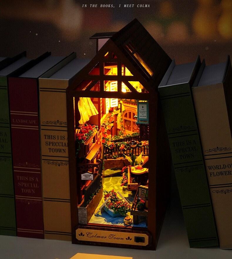 DIY Book Nook Kits Butterfly In Forest - Colmar Town Coffee Shop Book Shelf Insert Firefly Forest Alley Book Nooks with LED Building Kit