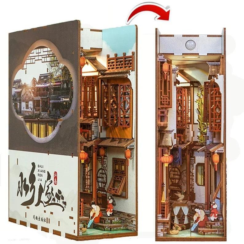 Jiangsu Watertown Book Nook DIY Book Nook Kits Book Doll House Book Shelf Insert Book Scenery Bookend Bookcase with Light Model Building Kit