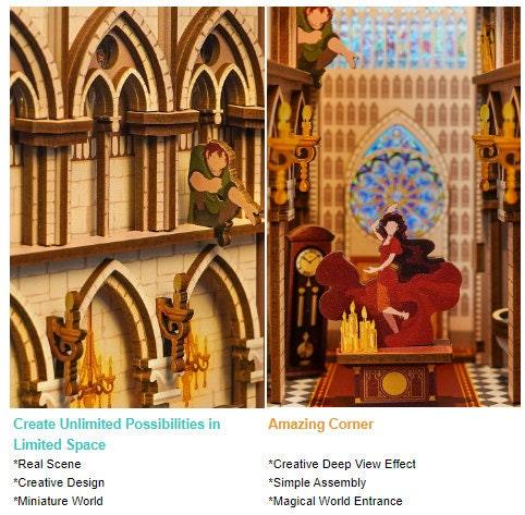 Notre-Dame de Paris Book Nook - DIY Book Nook Kits Cathedral Book Shelf Insert Book Scenery Bookends Bookcase with Light Model Building Kit