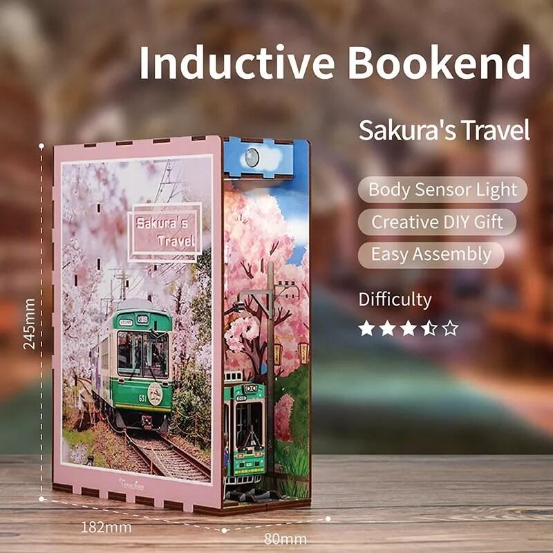 Sakura Train Book Nook - DIY Book Nook Kits Book Doll House Book Shelf Insert Book Scenery Bookends Bookcase with Light Model Building Kit