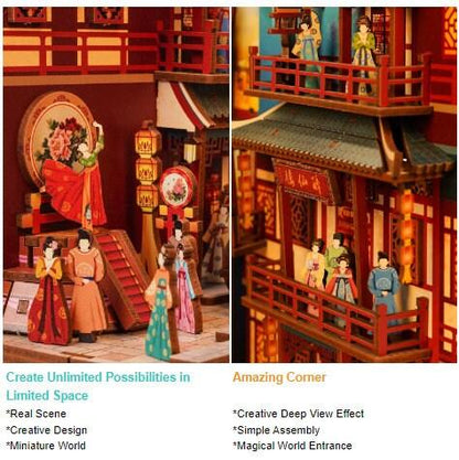 The Banquet of Tang Dynasty Book Nook - DIY Book Nook Kits Book Shelf Insert Book Scenery Bookends Bookcase with Light Model Building Kit - Rajbharti Crafts