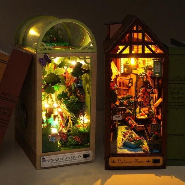 DIY Book Nook Kits Butterfly In Forest - Colmar Town Coffee Shop Book Shelf Insert Firefly Forest Alley Book Nooks with LED Building Kit - Rajbharti Crafts