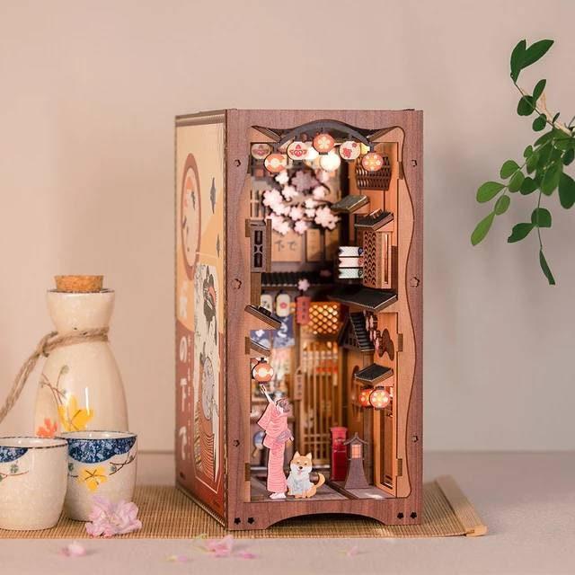 Sakura Under The Tree Japanese Style Alley Book Nook - DIY Book Nook Kits Alley Book Shelf Insert Book Scenery with Light Model Building Kit