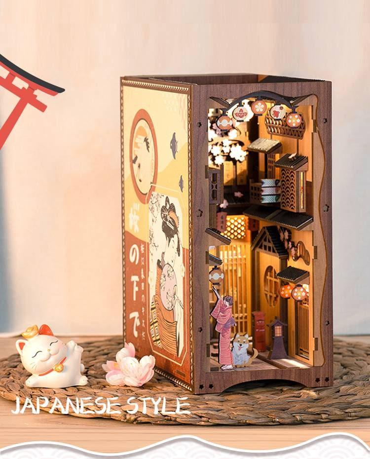 Sakura Under The Tree Japanese Style Alley Book Nook - DIY Book Nook Kits Alley Book Shelf Insert Book Scenery with Light Model Building Kit - Rajbharti Crafts