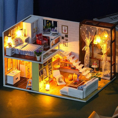 Miniature Dollhouse - DIY Dollhouse Kit - Contracted City Apartment Dollhouse Modern Style Living Room Duplex Miniature Kit Adult Crafts Kit