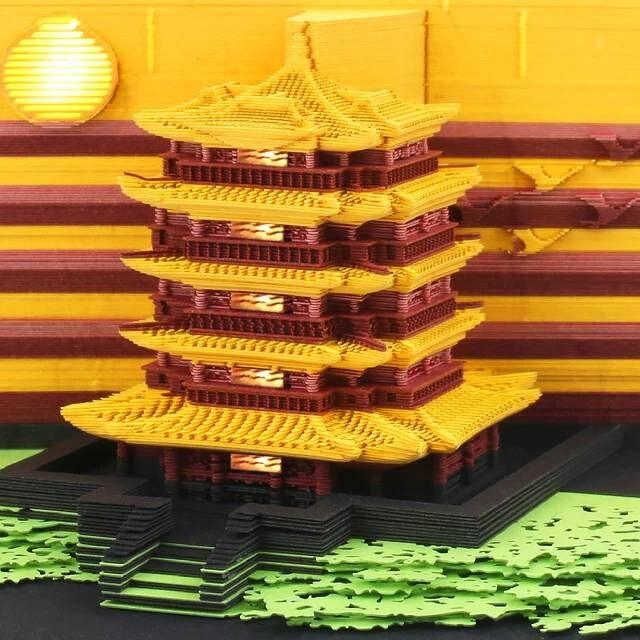Chinese Garden Pavilion 3D Note Pad Artistic Chinese Pagoda Memo Pad Japanese Pavilion Note Pads Omoshiroi Blocks DIY Paper Crafts - Rajbharti Crafts