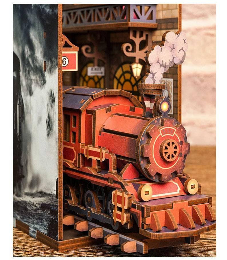 Steam Train Engine - DIY Book Nook Kits Book Doll House Book Shelf Insert Book Scenery Bookends Bookcase with Light Model Building Kit
