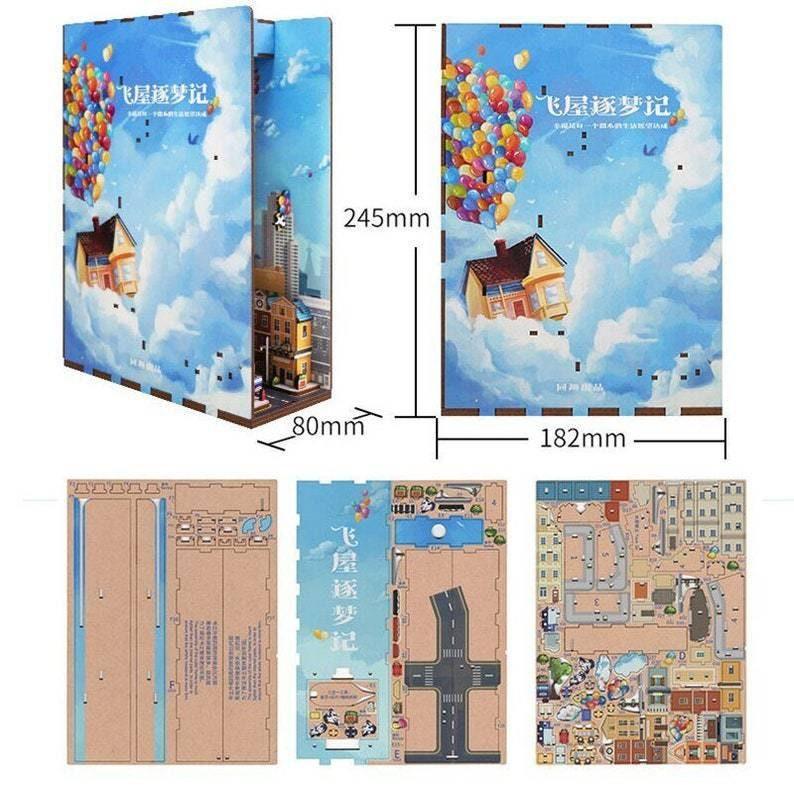 Balloons In The Sky - DIY Book Nook Kits Book Doll House Book Shelf Insert Book Scenery Bookends Bookcase with Light Model Building Kit