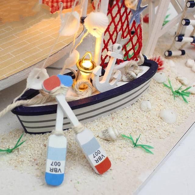 Beach Side Dollhouse DIY Dollhouse Kits Miniature Villa Sea Side Villa with Lighthouse, Swimming Pool DIY Dollhouse Kit With Free LED Lights - Rajbharti Crafts