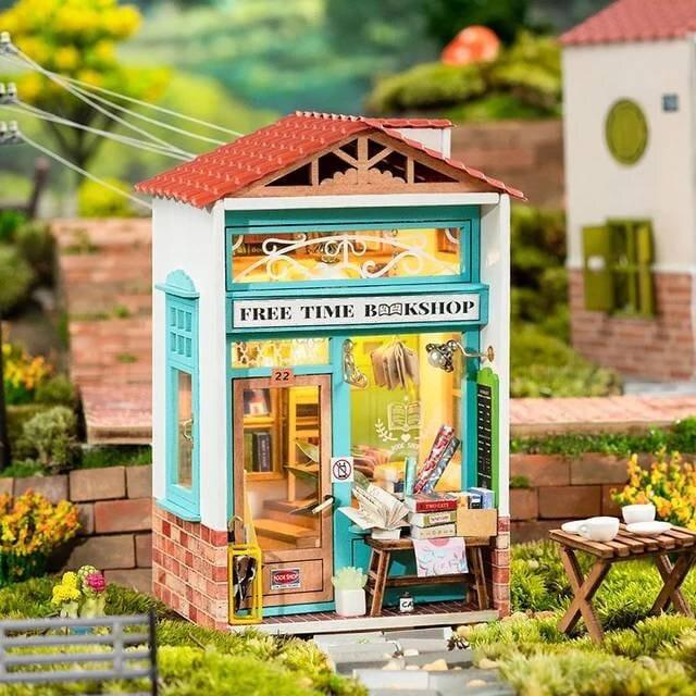 Free Time Bookshop Miniature Dollhouse Bookstore DIY Dollhouse Kits Library Miniature Easy To Assemble Dollhouse For Kids & Adults